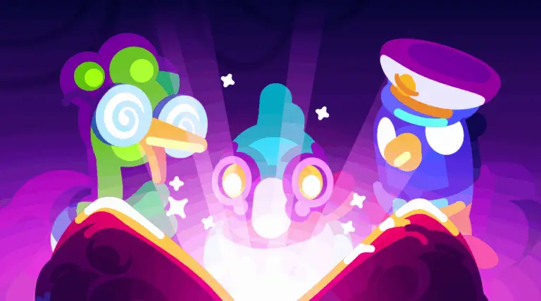 Astronaut birds gaze lovingly at some kind of shining artefact.