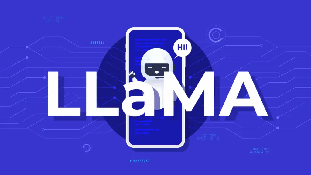 LLaMa chat bot artificial intelligence on smartphone screen. Digital technology themed banner vector illustration.