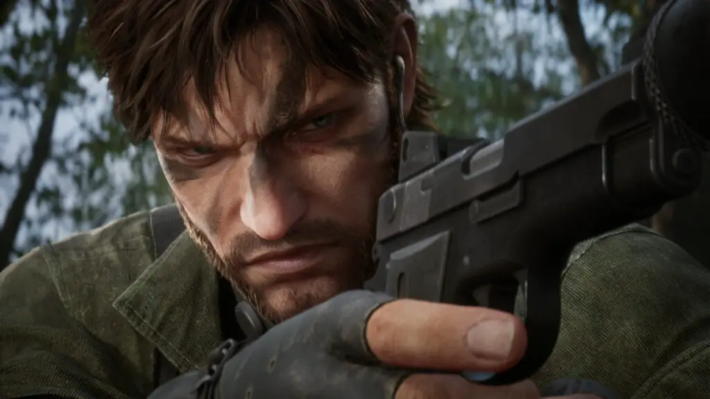 Metal Gear Solid Delta: Snake Eater launch times release date - A close-up shot of Snake aiming with his pistol, squinting his eyes and scrunching his face.