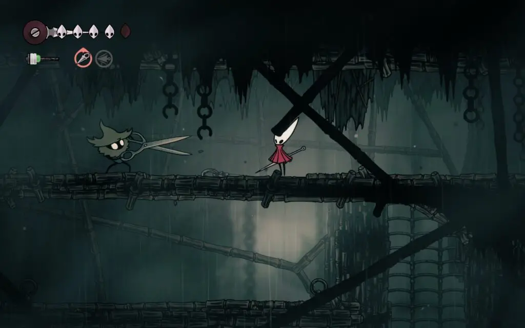 The protagonist of Hollow Knight Silksong, Hornet, faces off against a scissors-wielding bug
