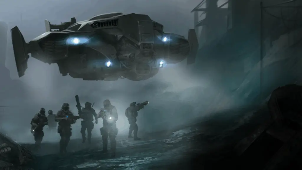 A group of soldiers moving forward under a hovering dropship in Menace.