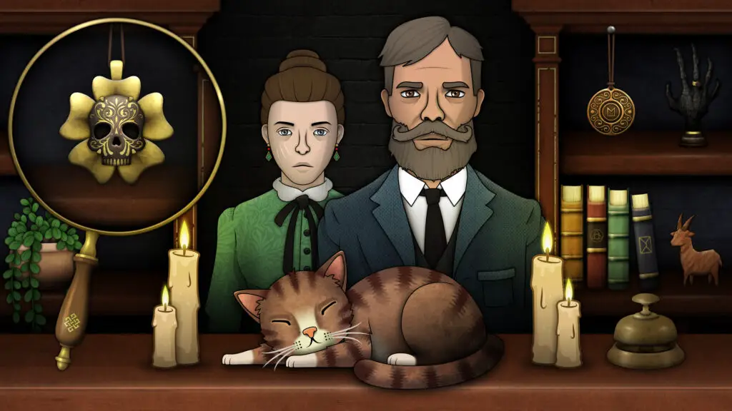 Two Edwardian people in a shop with a cat on the counter