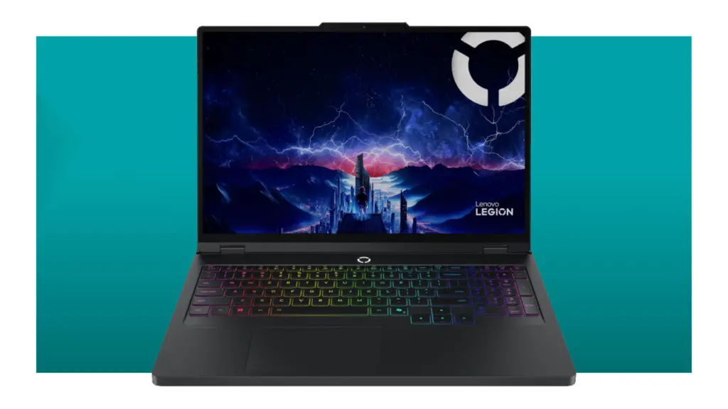 The Lenovo Legion 5i Gen 10 gaming laptop on a teal deals background