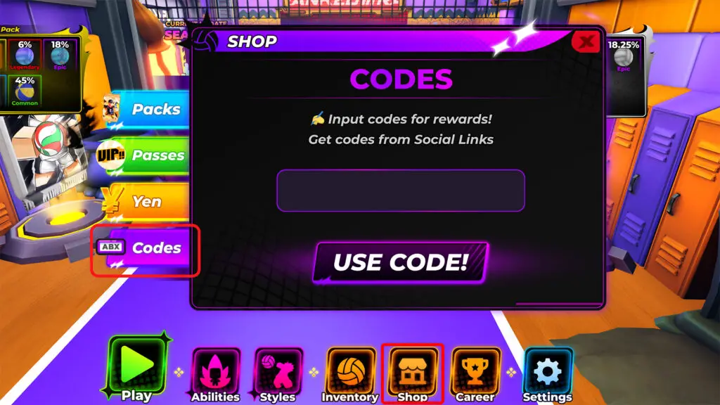 The Volleyball Legends code menu screen, where you can redeem active codes after reaching level 15. It has purple text and UI to contrast against shop tabs of other colors.