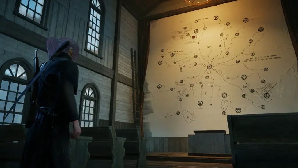 A cult member looking at a skill tree on a wall