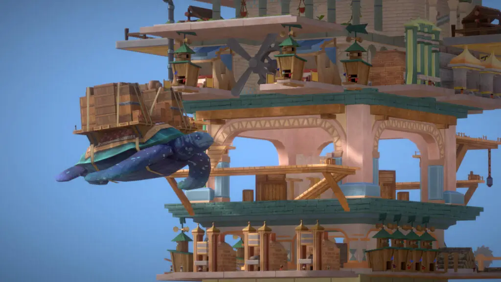 A flying turtle with a pallet of packages strapped to its back flies alongisde a gigantic tower of buildings.