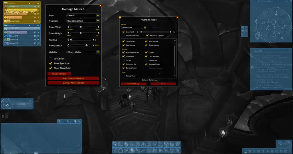 An in-development screenshot of a damage meter tool coming in World of Warcraft: Midnight. Several customizable windows are overlayed on top of a Pandaren player's screen. A tool with stacked horizontal bars for individual players to track their damage output sits in the top left corner. Options to change the font and size of the damage meter window are in the middle of the shot.