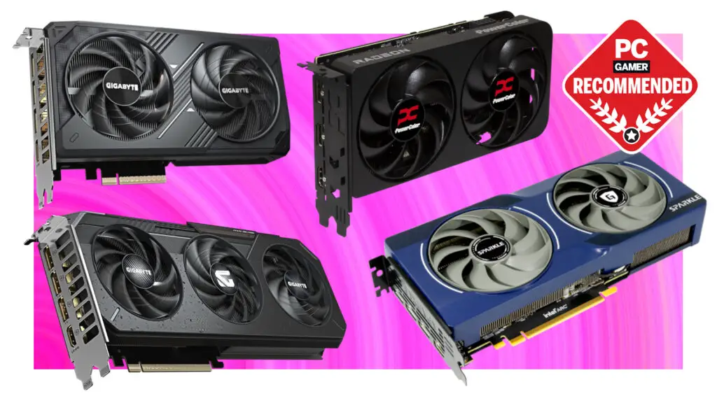 A collage of four different graphics cards against a vibrant pink background, with a PC Gamer Recommended logo in the top right corner.