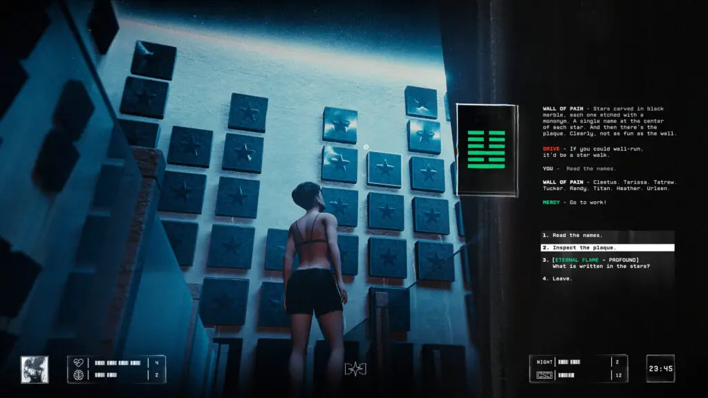 A woman stands in her underwear staring at a wall full of stars. Down the side a Disco Elysium-style dialogue window crawls.