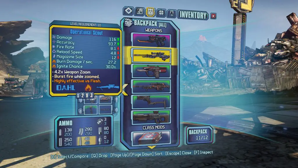 The inventory screen in Borderlands 2.
