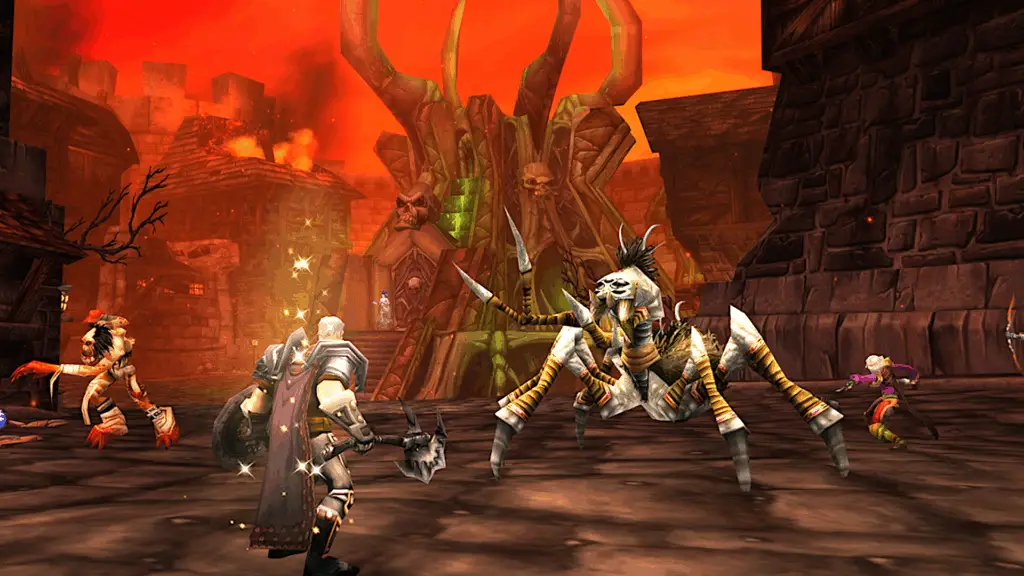 Several adventurers do battle in Stratholme in World of Warcraft: Classic, a fiery undead necropolis filled with monsters.