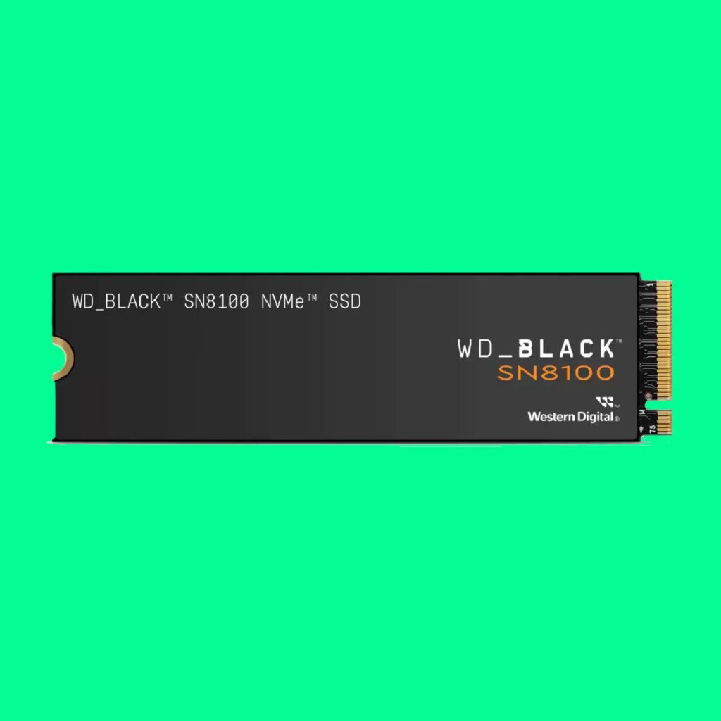 WD Black SN8100 SSD on a green background