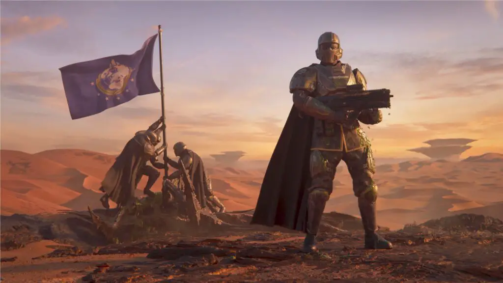 Helldivers 2 Fuel Silos - Soldiers stabbing a flag in a bug