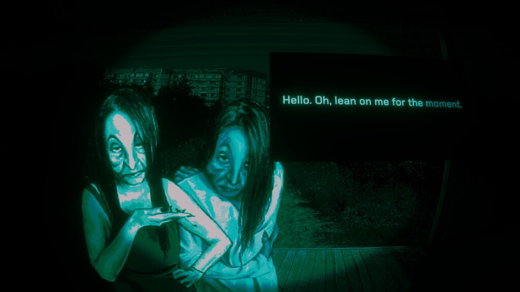 A pair of women who look like twins stand outside the door.