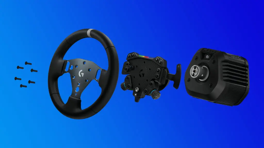 An exploded view of the Logitech G RS50 direct drive racing wheel setup