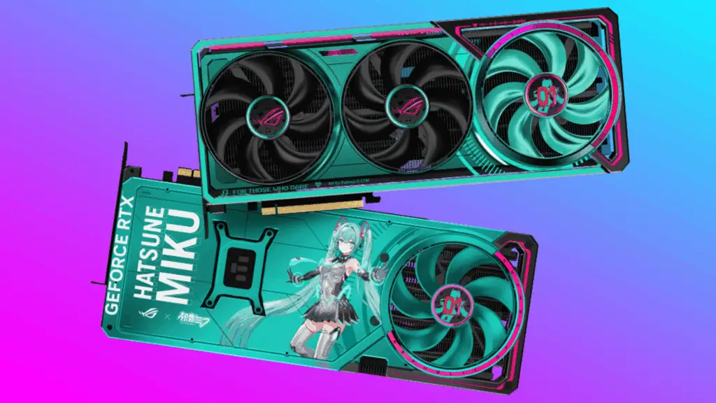 The Asus ROG Astral Geforce RTX 5080 O16G Hatsune Miku Edition GPU floats in a teal-pink gradient void.