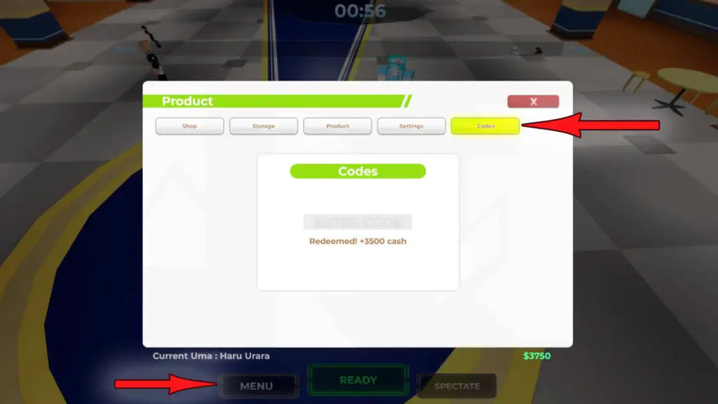 The Uma Racing codes menu. It's a white, green, and yellow interface with the yellow codes button all the way on the right. There's a grey box in the middle that reads 'Enter Codes' to redeem active rewards.