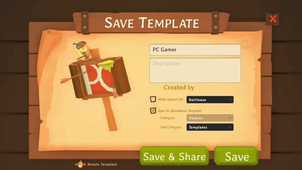 A screenshot within Tavern Keeper illustrating the user interface for the 'save as template' function, highlighting its role in decor management.