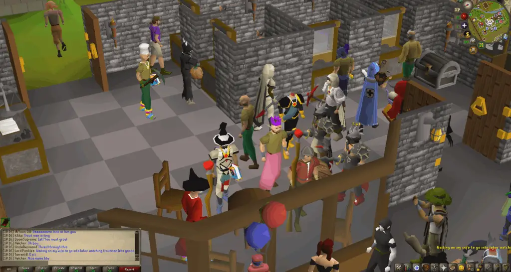 A crowd gathers busily around Trout Guy in Old School RuneScape.