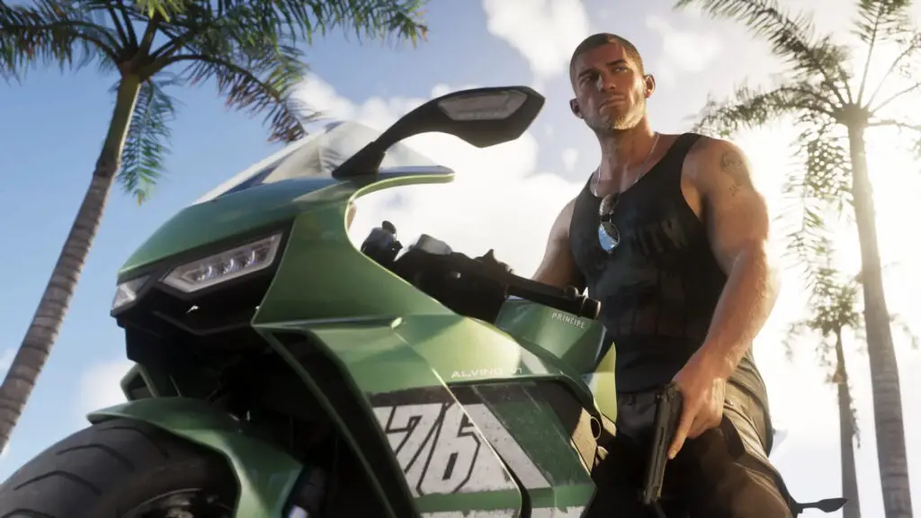 Jason from GTA6 on a motorcycle with a gun, an in-game character
