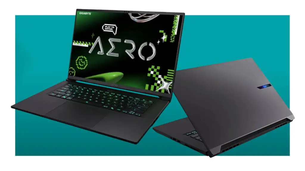 A pair of Gigabyte Aero X16 gaming laptops against a teal background with a thick white border.