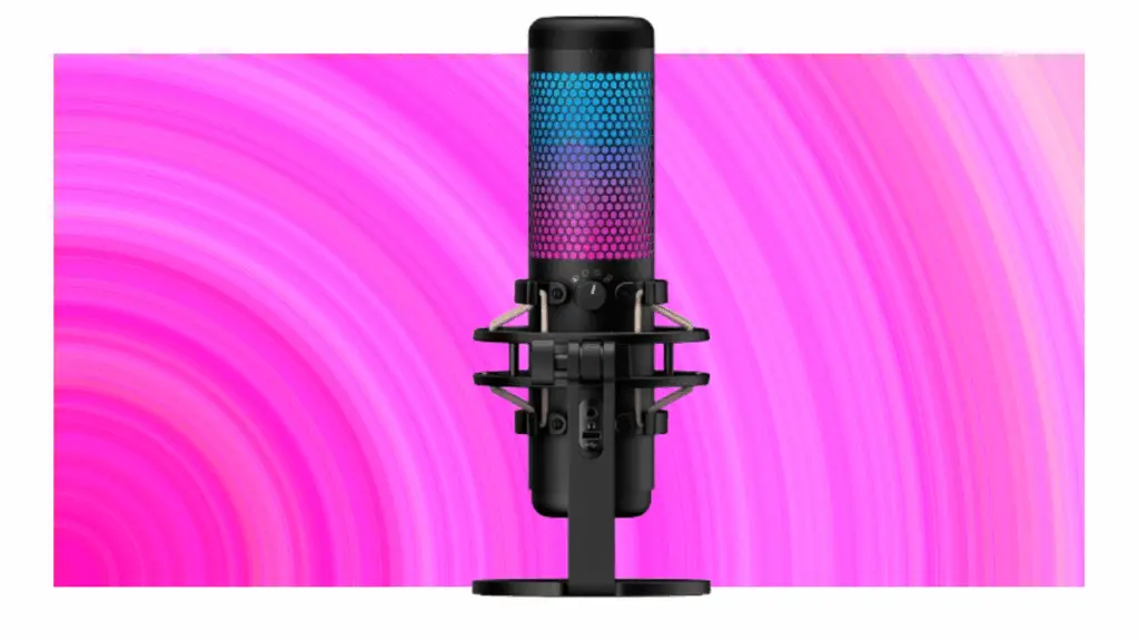 HyperX Quadcast S microphone on a pink background