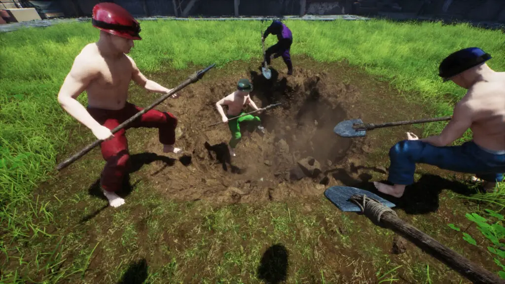 Three men and a chimp dig a hole in the ground.