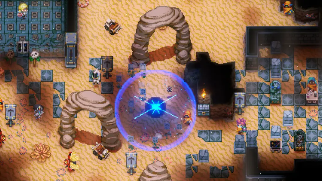 A vibrant, stylized explosion in a desert environment, possibly from Palworld