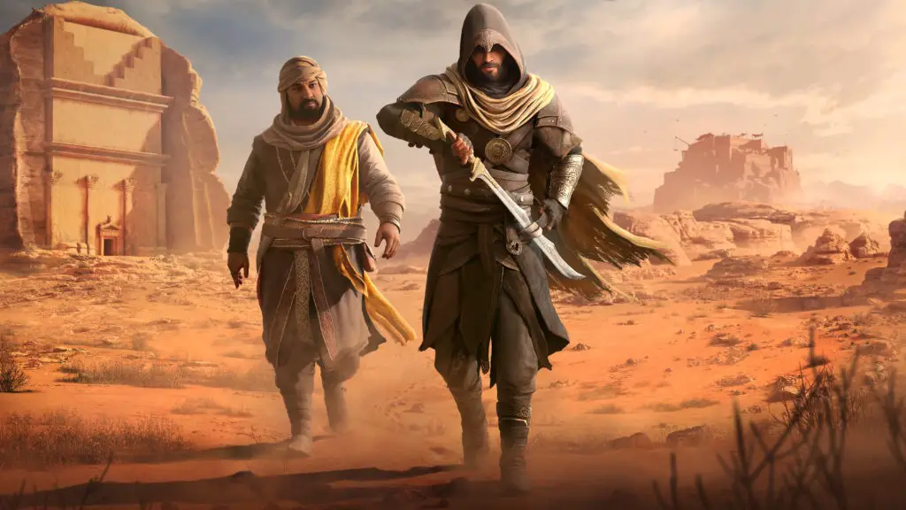 Assassin's Creed Mirage: Valley of Memory key art showing two figures in a desert landscape with ancient structures in the background.