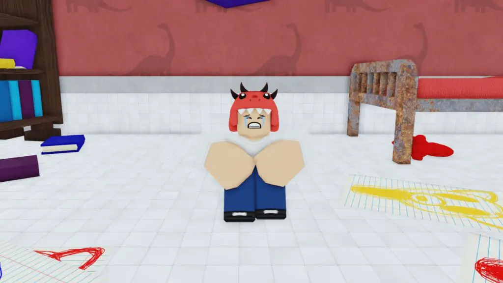 A lost kid sitting in a room crying from 99 Nights in the Forest. 