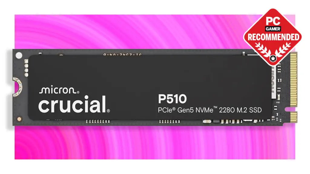 Crucial P510 SSD on a pink background with a PC Gamer Recommended badge in the top right.