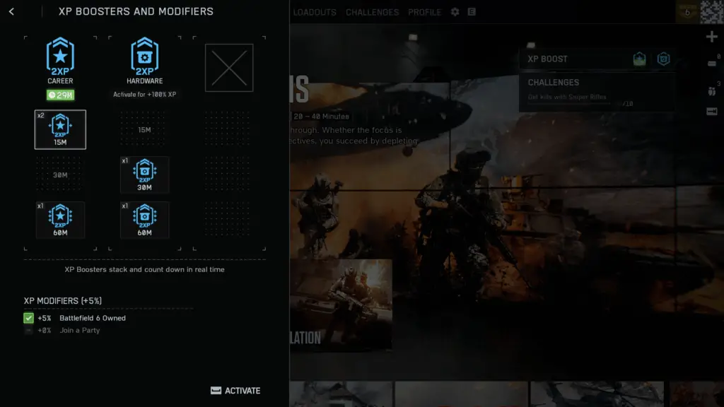 Battlefield 6 XP boosters: The XP boost and modifiers tab on the main menu, showing the various consumable boosts you can apply.