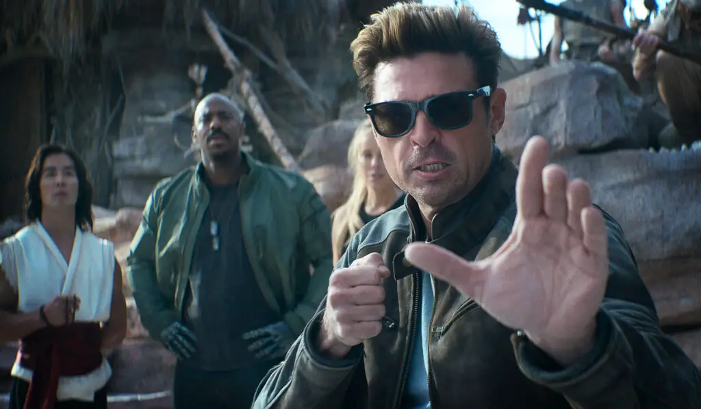 (L-R) Ludi Lin as “Liu Kang”, Mehcad Brooks as “Jackson ‘Jax’ Briggs”, Jessica McNamee as “Sonya Blade”, and Karl Urban as “Johnny Cage” in New Line Cinema’s “Mortal Kombat II,” a Warner Bros. Pictures release.