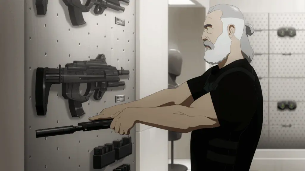 A bearded Sam Fisher loads a silenced pistol.