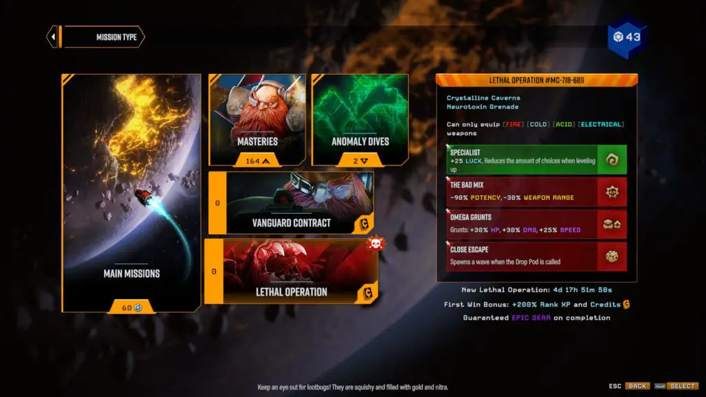 The mission select screen in Deep Rock Galactic: Survivor.