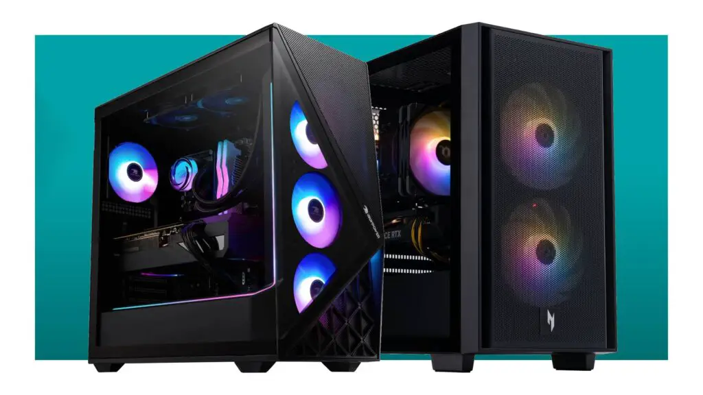 An iBuyPower and Acer gaming PC on a blue background