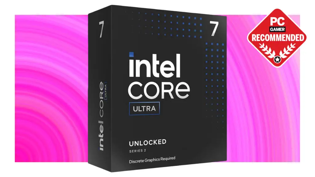 An image of the retail packaging for the Intel Core Ultra 7 series of processors against a vibrant pink background, with a PC Gamer Recommended logo in the top right corner.