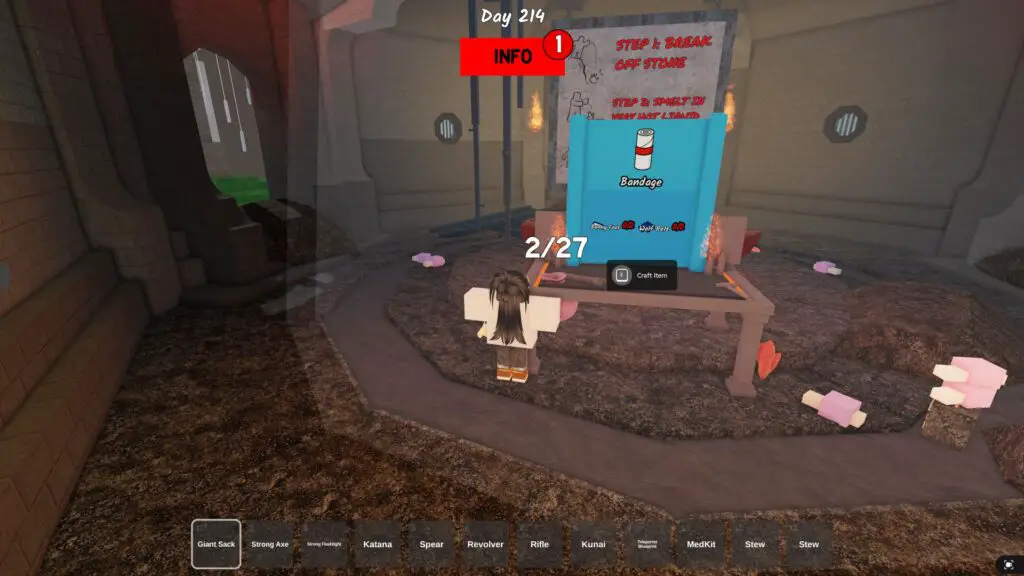 99 Nights in the Forest bandage recipe, which shows 2 Rabbit's Foot and 2 Wolf Pelt required to make one.