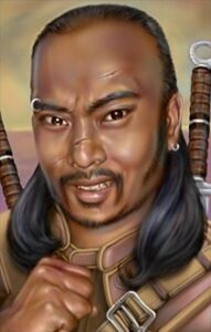 Yoshimo character portrait in Baldur's Gate 2, a grinning man with long hair, piercings, and two swords on his back.