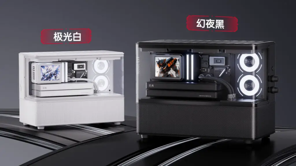 Two Edifier Huazai New Cyber speakers, one in white and one in black, both of which designed to look like gaming PCs