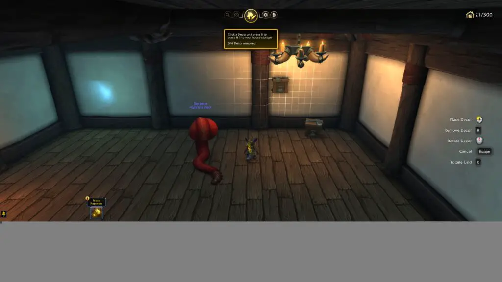 A screenshot of the World of Warcraft: Midnight alpha. A player character stands in a custom player house. They are moving a wall decoration around on a semi-transparent grid.