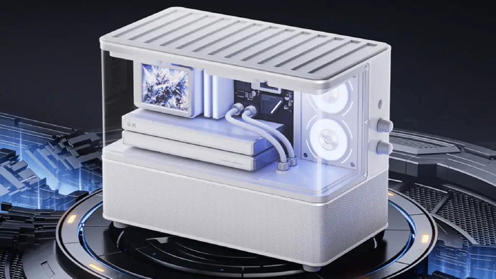 An Edifier Huazai New Cyber speaker, which appears to look like a gaming PC, in white