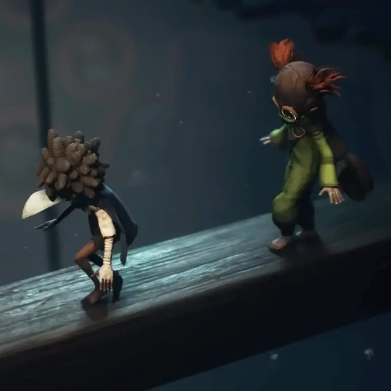 Two Little Nightmares 3 character balancing on a beam one behind the other