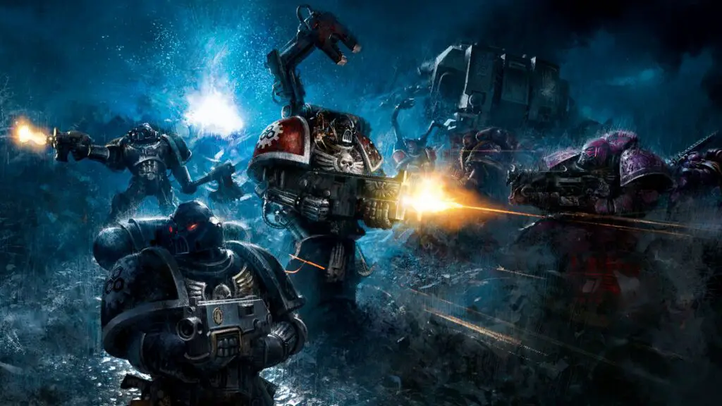 A group of Space Marines in battle in Warhammer 40,000.