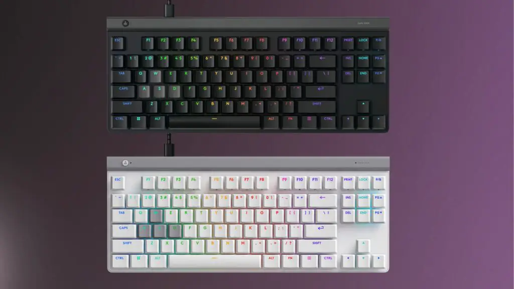 Logitech G515 Rapid TKL (in both white and black ) on a purple and black gradient