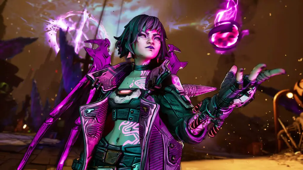 Borderlands 4 Quincunx Stellium: An upper-body shot of Vex holding a glowing orb in her left hand as she looks out in the distance.