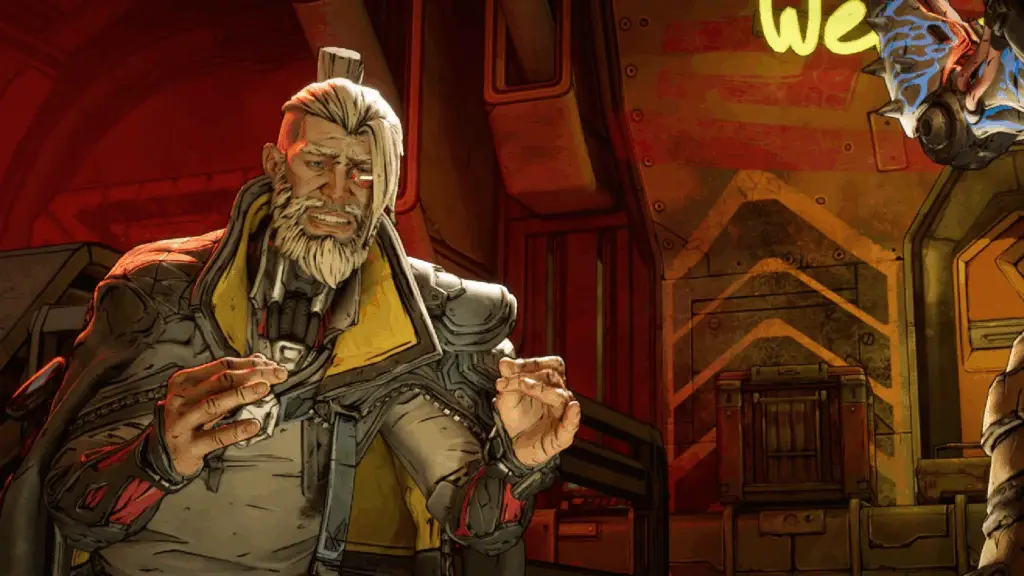 Zane, from Borderlands 4, pinches his fingertips expressively as he tries to communicate something to someone off screen.