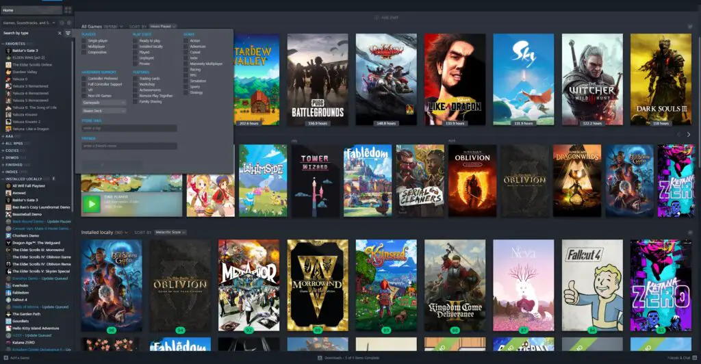 Steam library view with dynamic collections enabled and a window for deep searching.