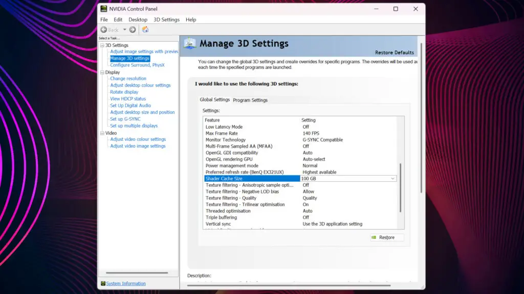 A screenshot of Nvidia Control Panel, showing the Shader Cache Size setting at 100 GB