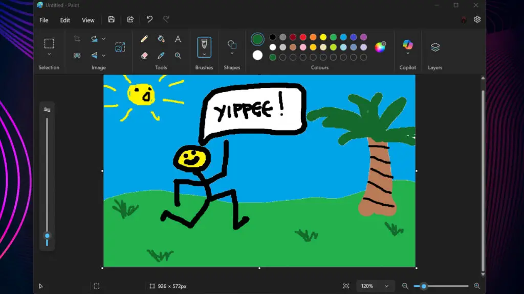 A Paint window, showing a wonderful bit of artistry in which a stick figure runs towards a tree shouting "Yippee"